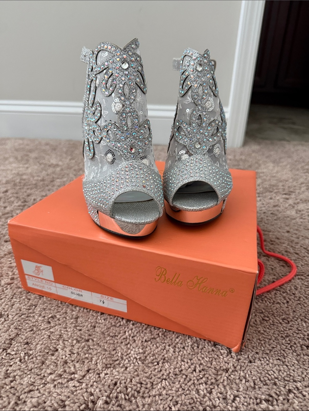 Bella Hanna Silver Crystal Embellished Open-Toe Heels